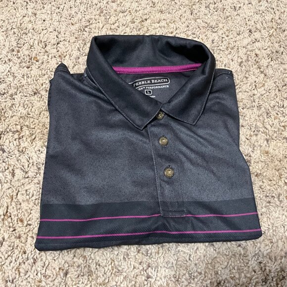 Pebble Beach Mens Performance Polo Shirt Black With Purple Stripes Size Large - Picture 7 of 13